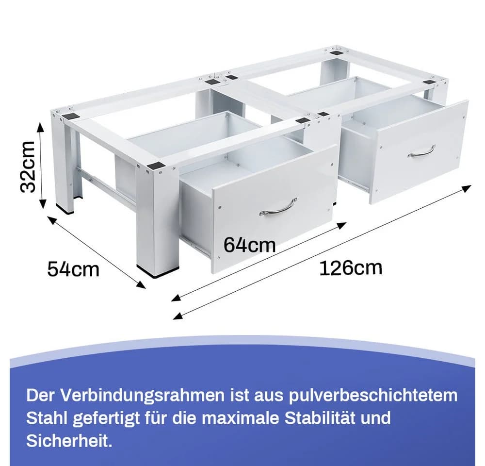XERSEK Waschmaschinenuntergestell Weiß 126x54cm mit 2 Schubladen