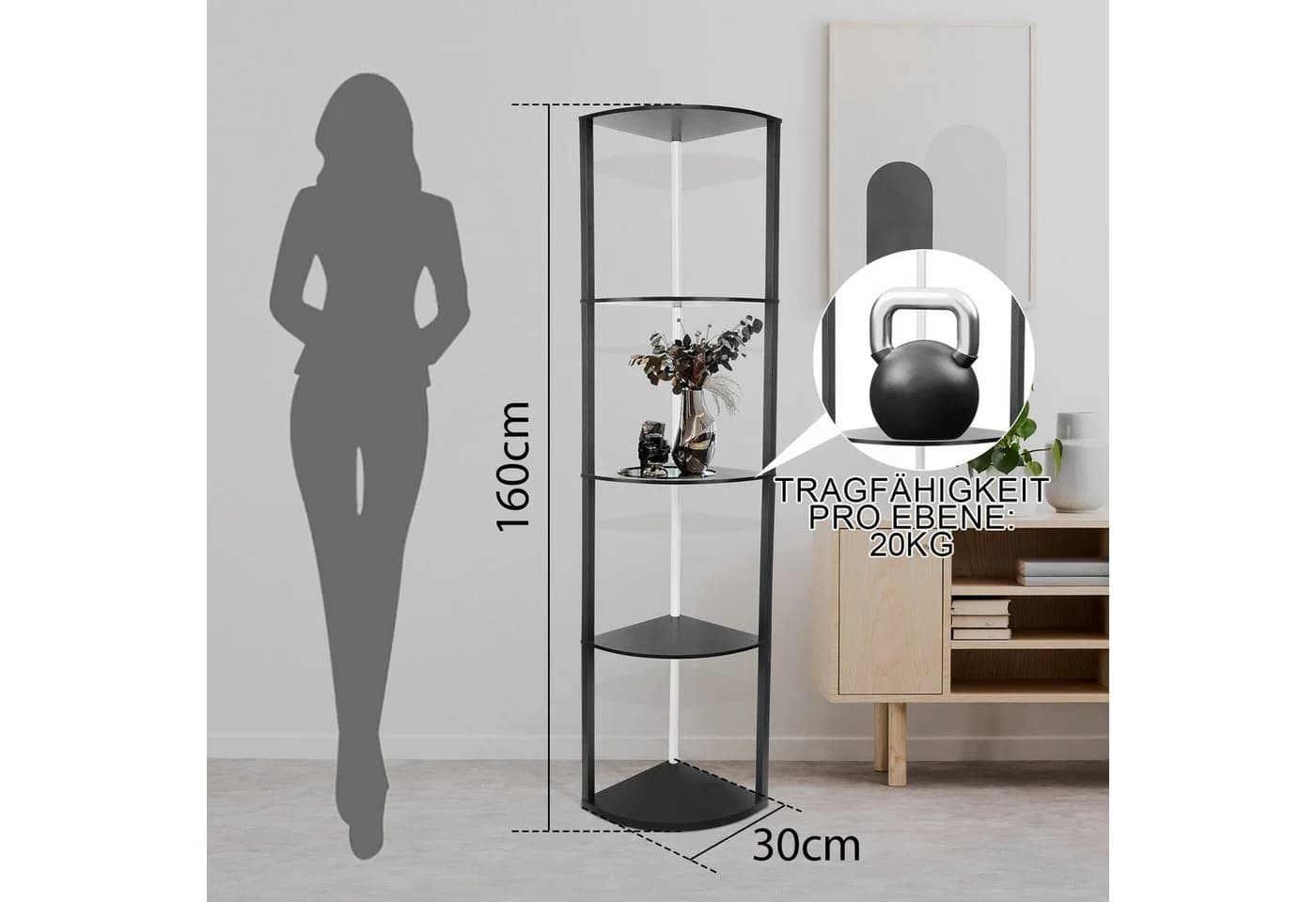 XIIW Eckvitrine mit LED-Beleuchtung 5 Etagen Spanplatte