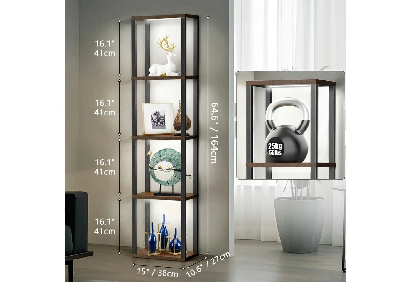 XIIW Stauraumvitrine 5 Etagen LED Standregal mit Fernbedienung