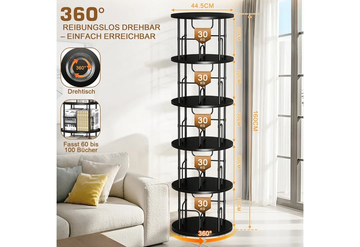 XERSEK Bücherregal 5 Ebenen 360° Drehbar Schwarz