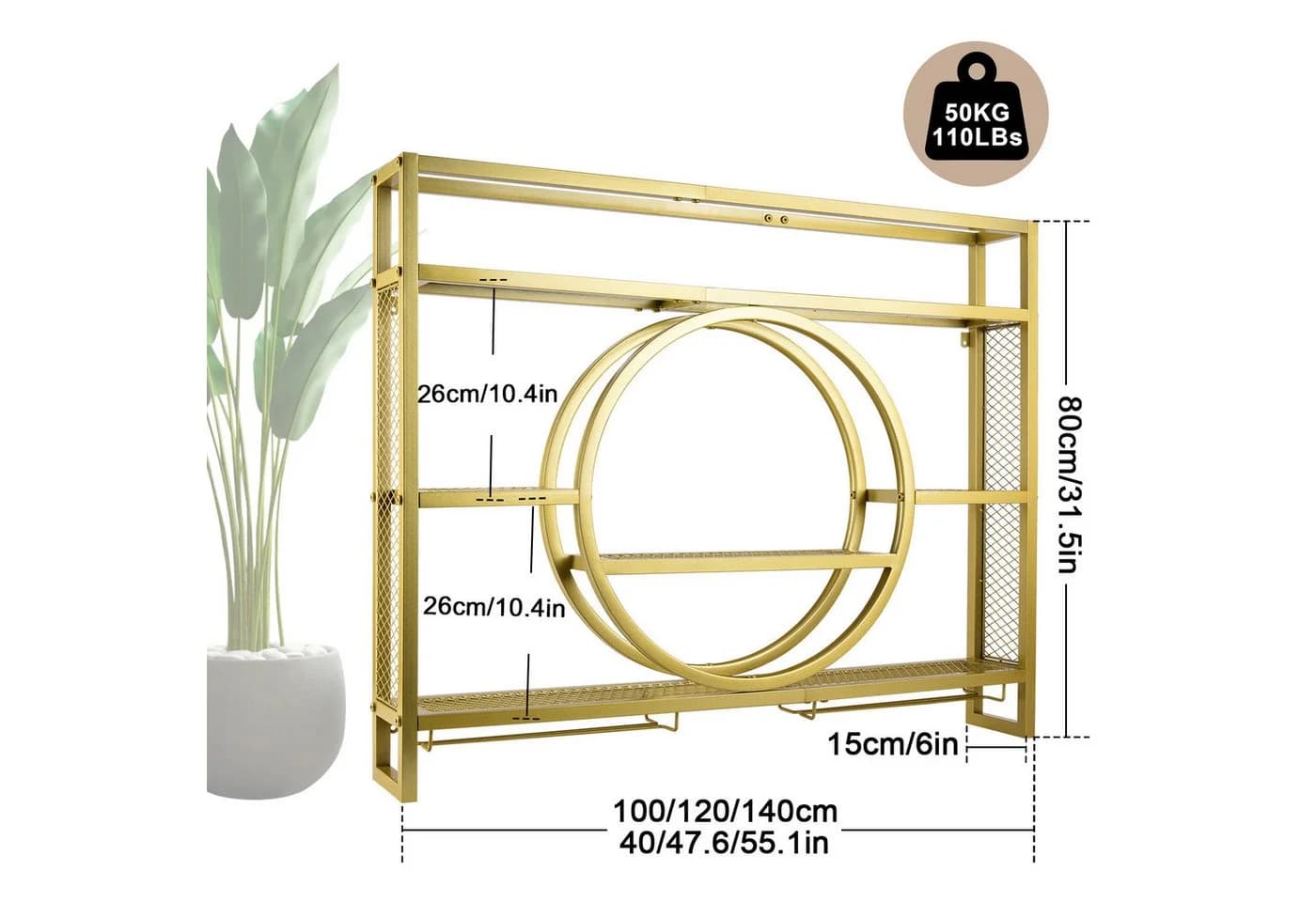 XIIW Weinregal Wandmontage 3 Ebenen Gold Metall Flaschenregal