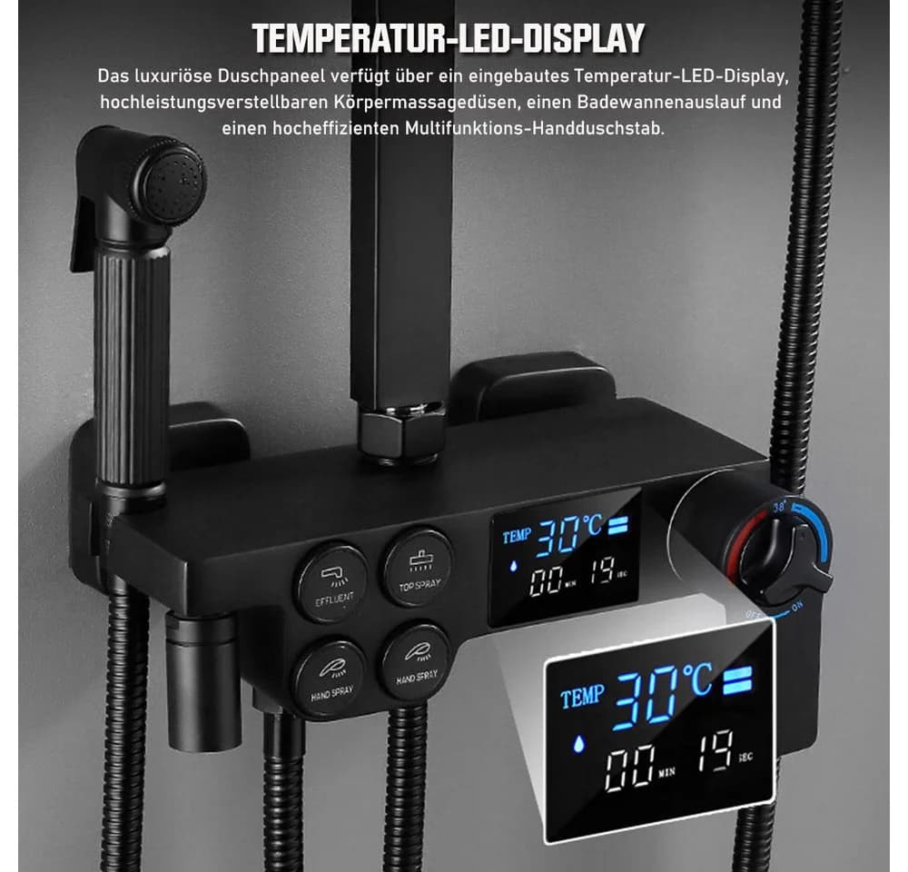 XIIW Duschsystem Thermostat Schwarz mit LED-Display & Regendusche