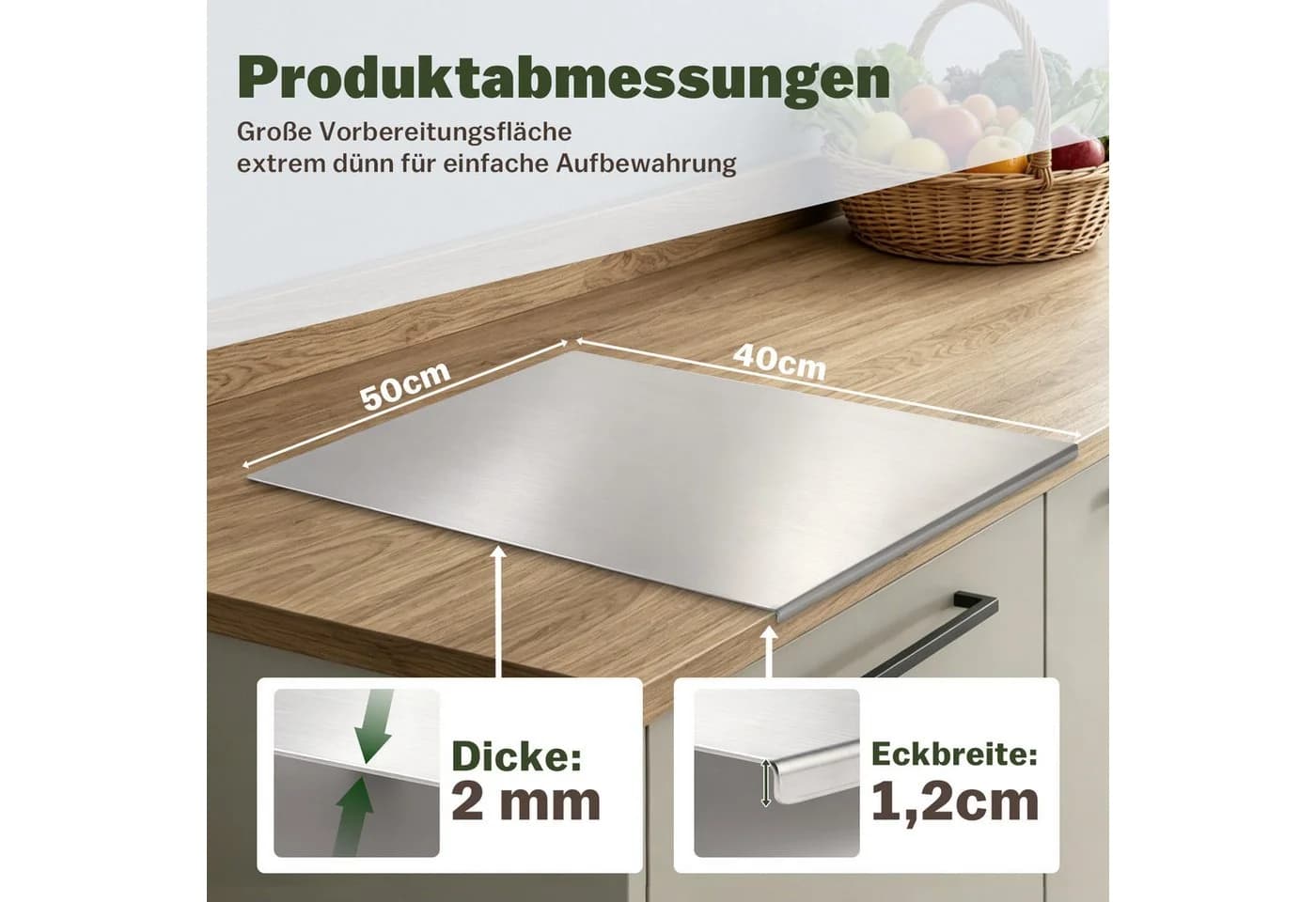 JOYOLEDER Edelstahl Schneidebrett 50x40 cm mit Anschlagkante