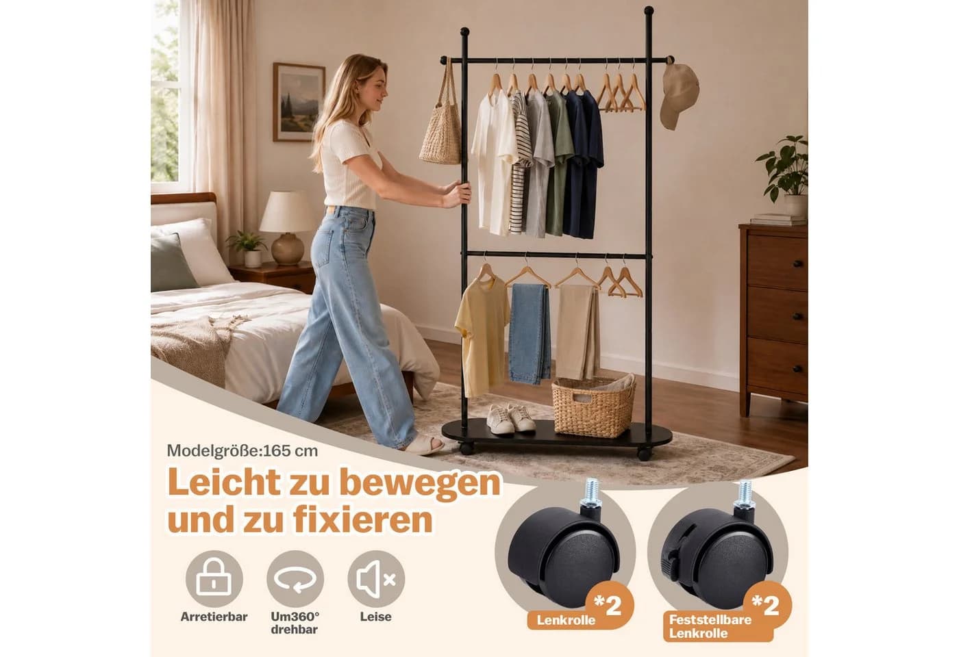 JOYOLEDER Garderobenständer Doppelt Schwarz Metall auf Rollen - Bild 4