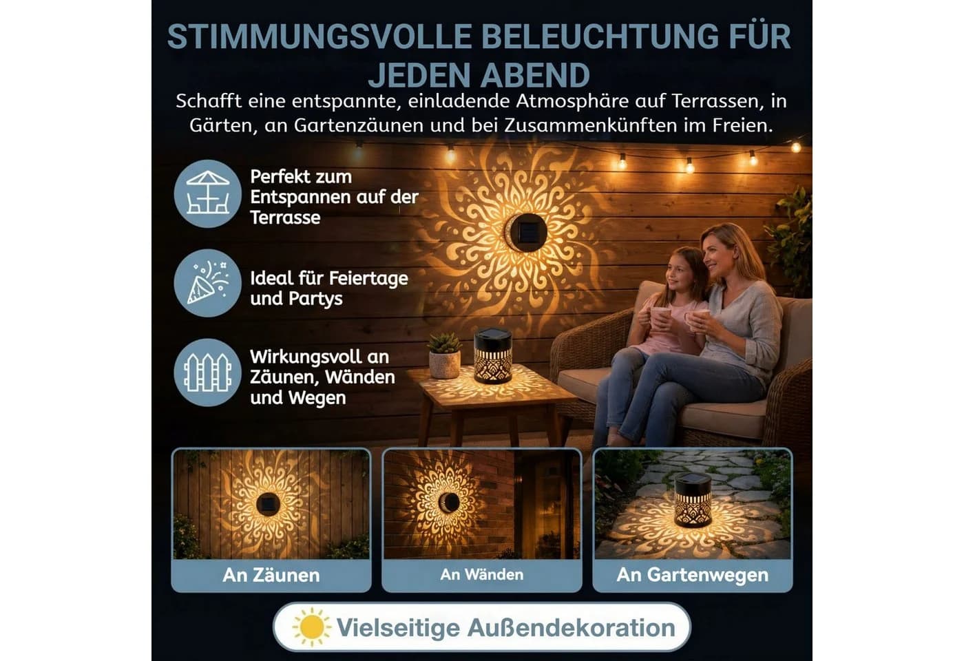 VIVIHEYDAY Dekorative Solar-Mandala-Leuchte LED Außen-Wandleuchte - Bild 4