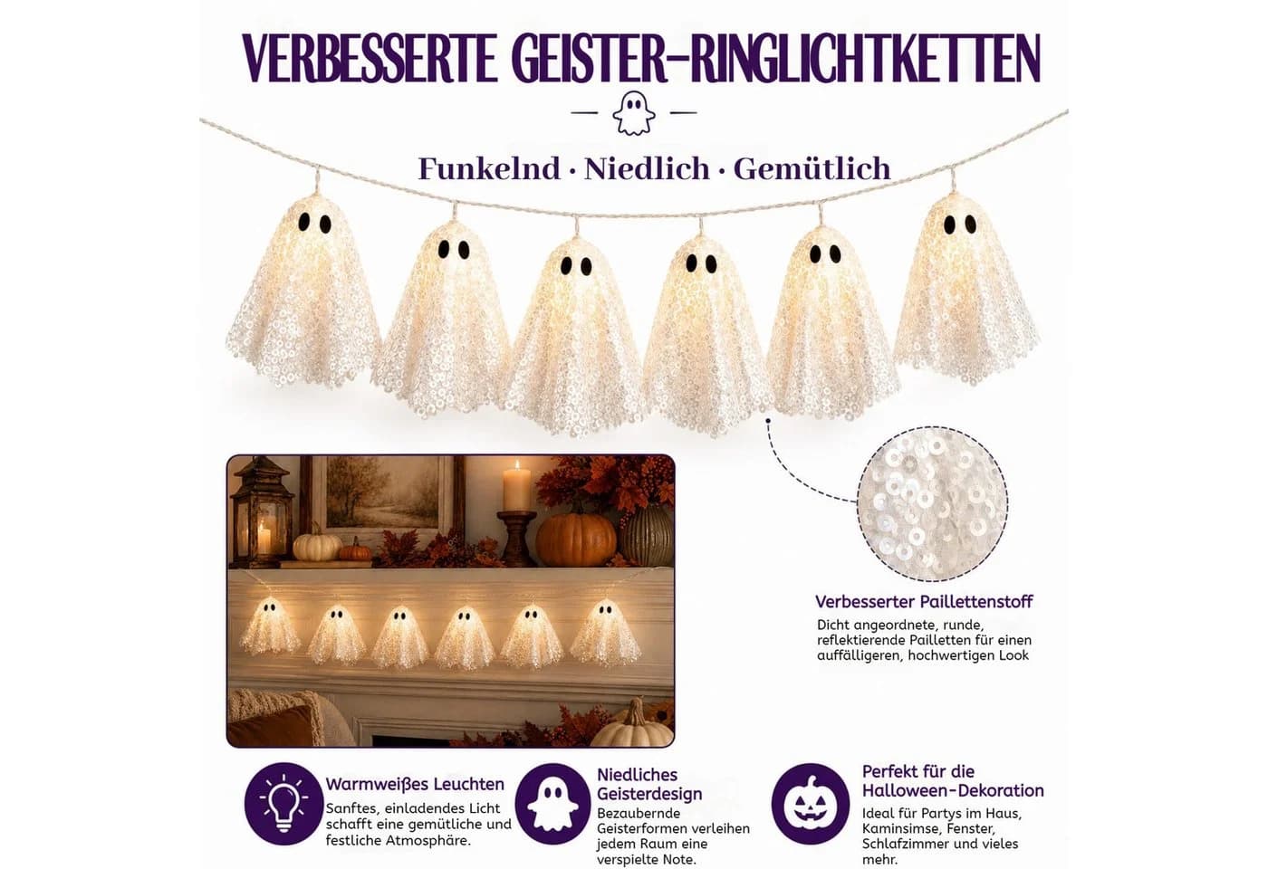 VIVIHEYDAY LED-Lichterkette Halloween Deko Geist 2m Weiß - Bild 3