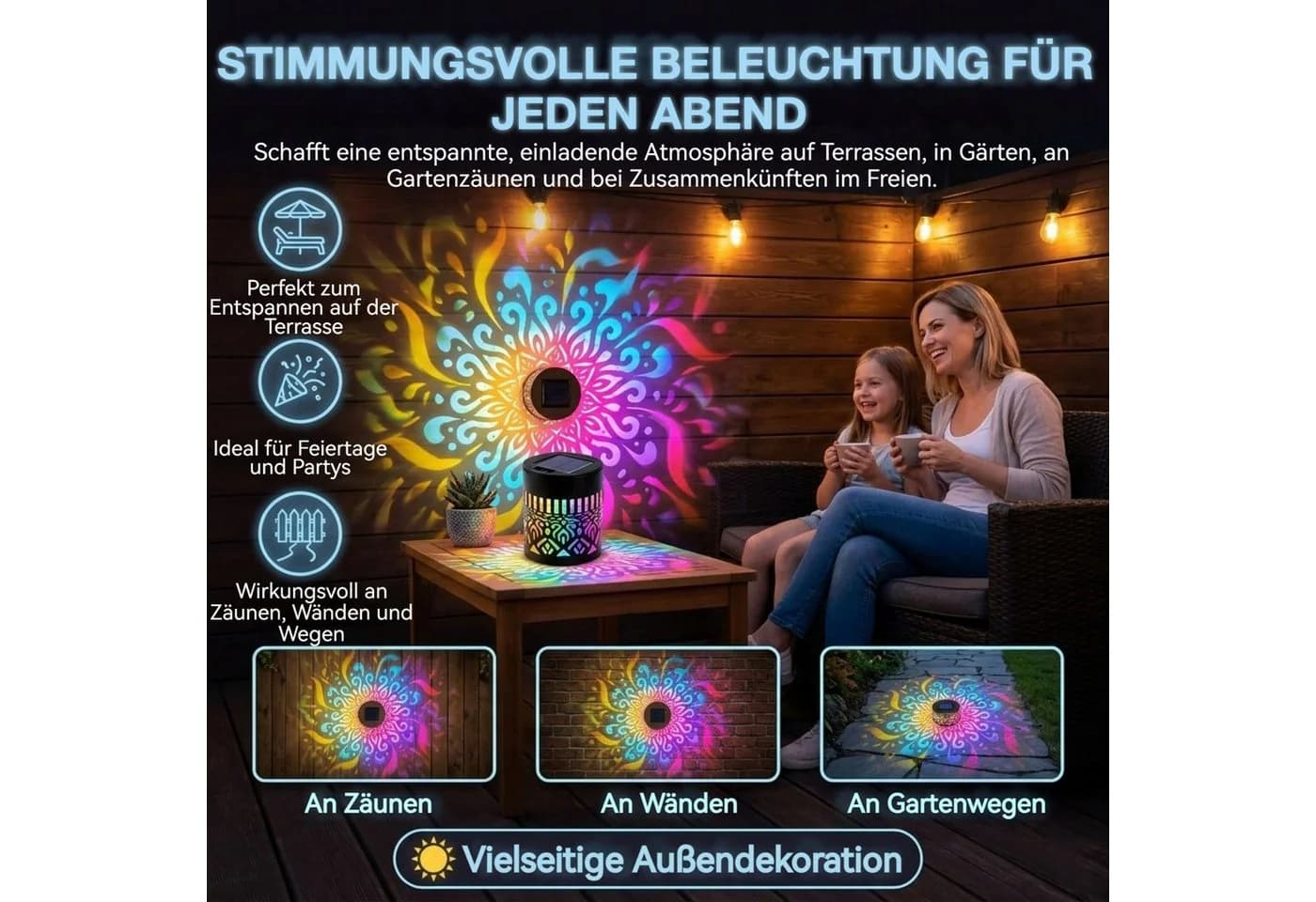 QUBEBU Solarlaterne Mandala RGB 7 Farben Metall Wandleuchte - Bild 4