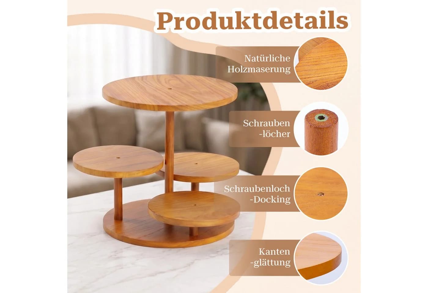 QUBEBU 4-stöckiger Tortenständer aus massivem Holz Braun - Bild 5