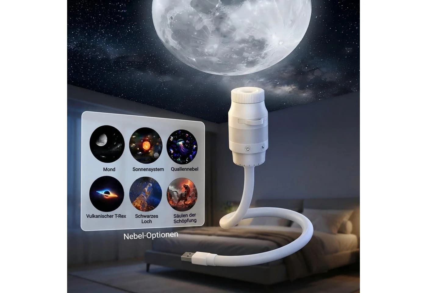 QUBEBU LED Sternenhimmel Projektor mit 6 Folien, Dimmbar Nachtlicht, USB, Weiß - Bild 2