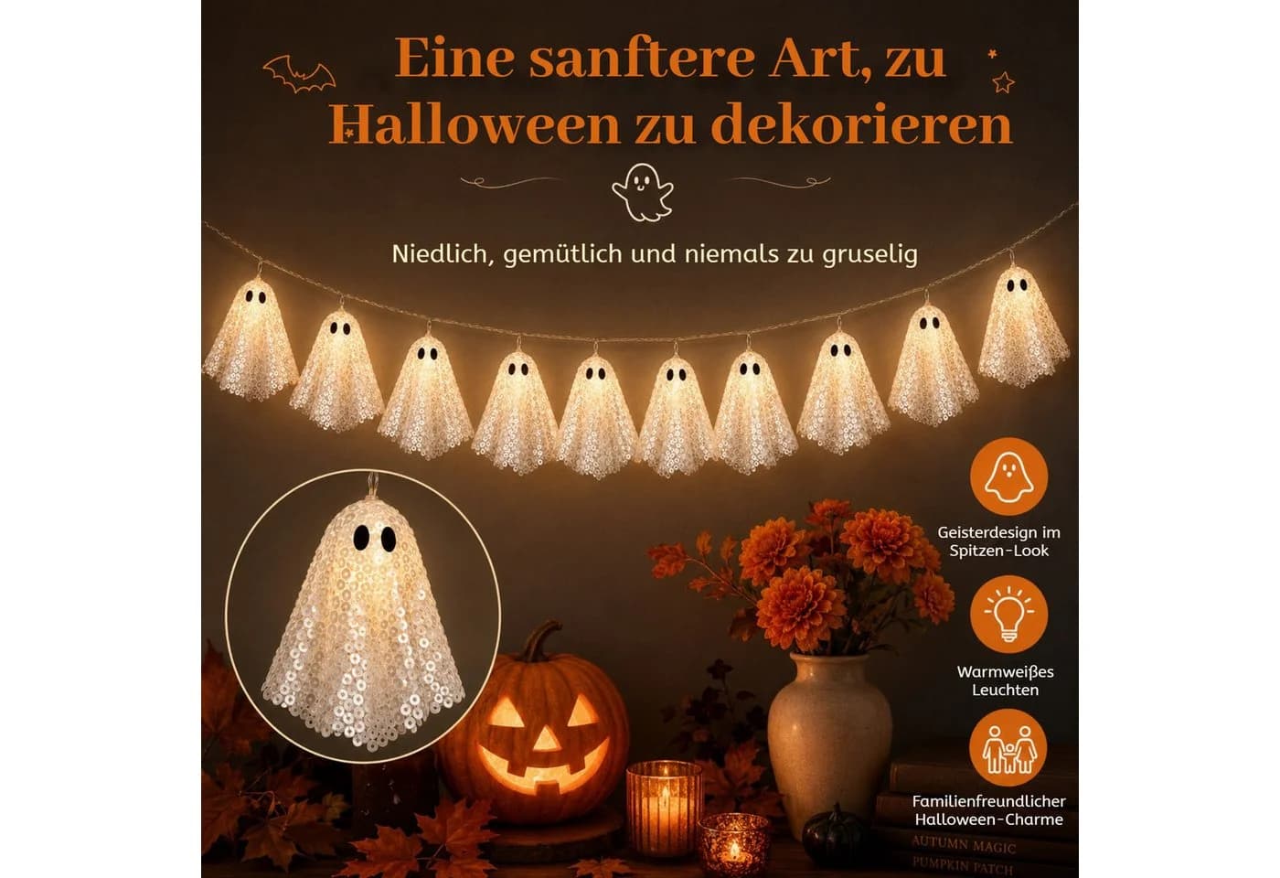QUBEBU Halloween LED Lichterkette 200cm 10 Stk Pailletten Geister - Bild 3