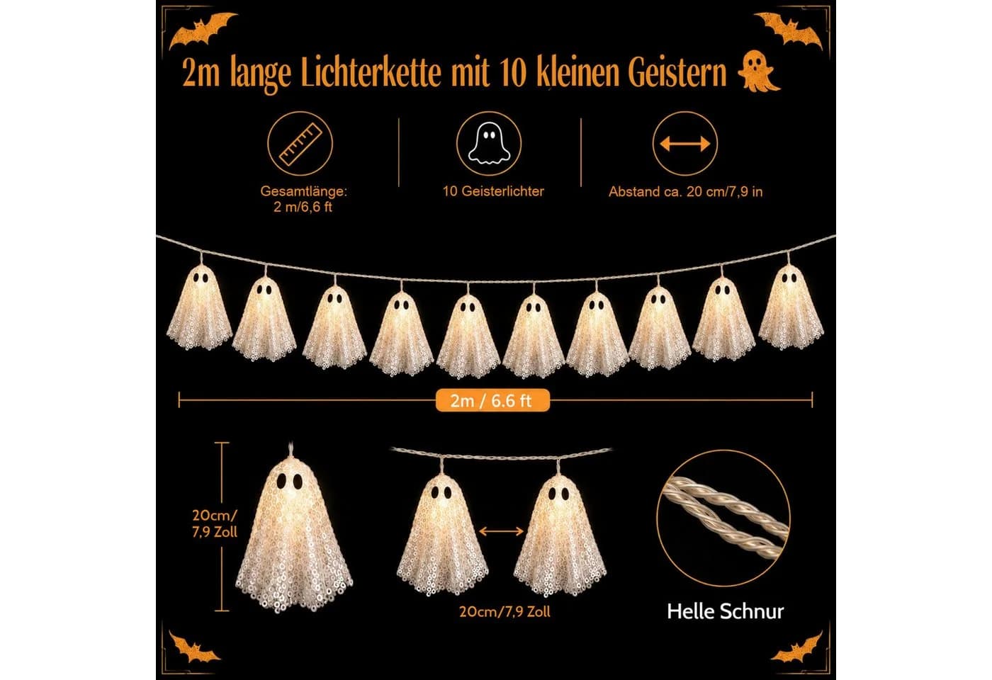 QUBEBU Halloween LED Lichterkette 200cm 10 Stk Pailletten Geister - Bild 4