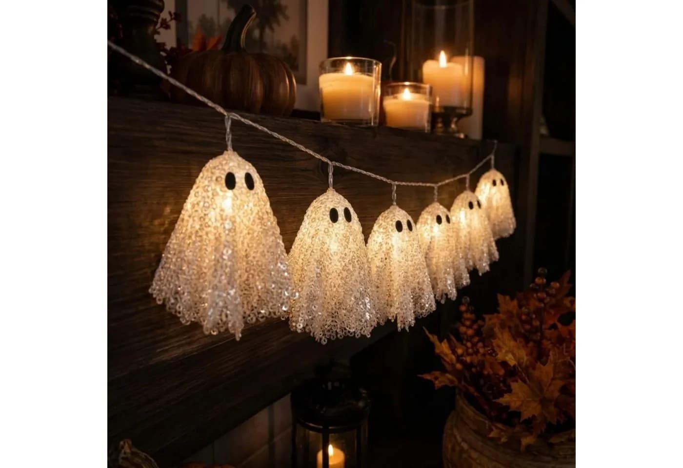 QUBEBU Halloween LED Lichterkette 200cm 10 Stk Pailletten Geister - Bild 5