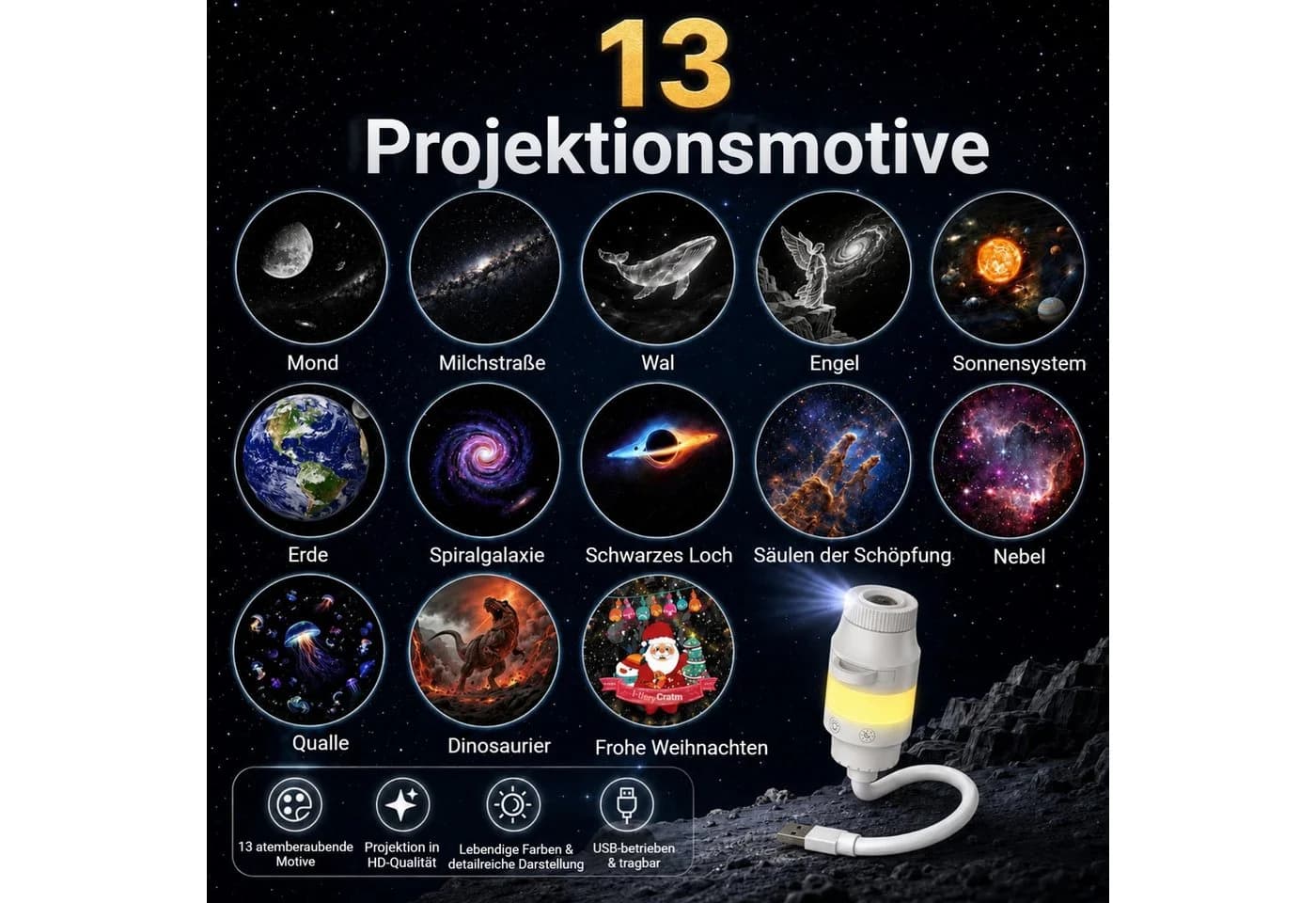 QUBEBU LED Sternenprojektor Nachtlicht mit 6 Folien USB Dimmbar