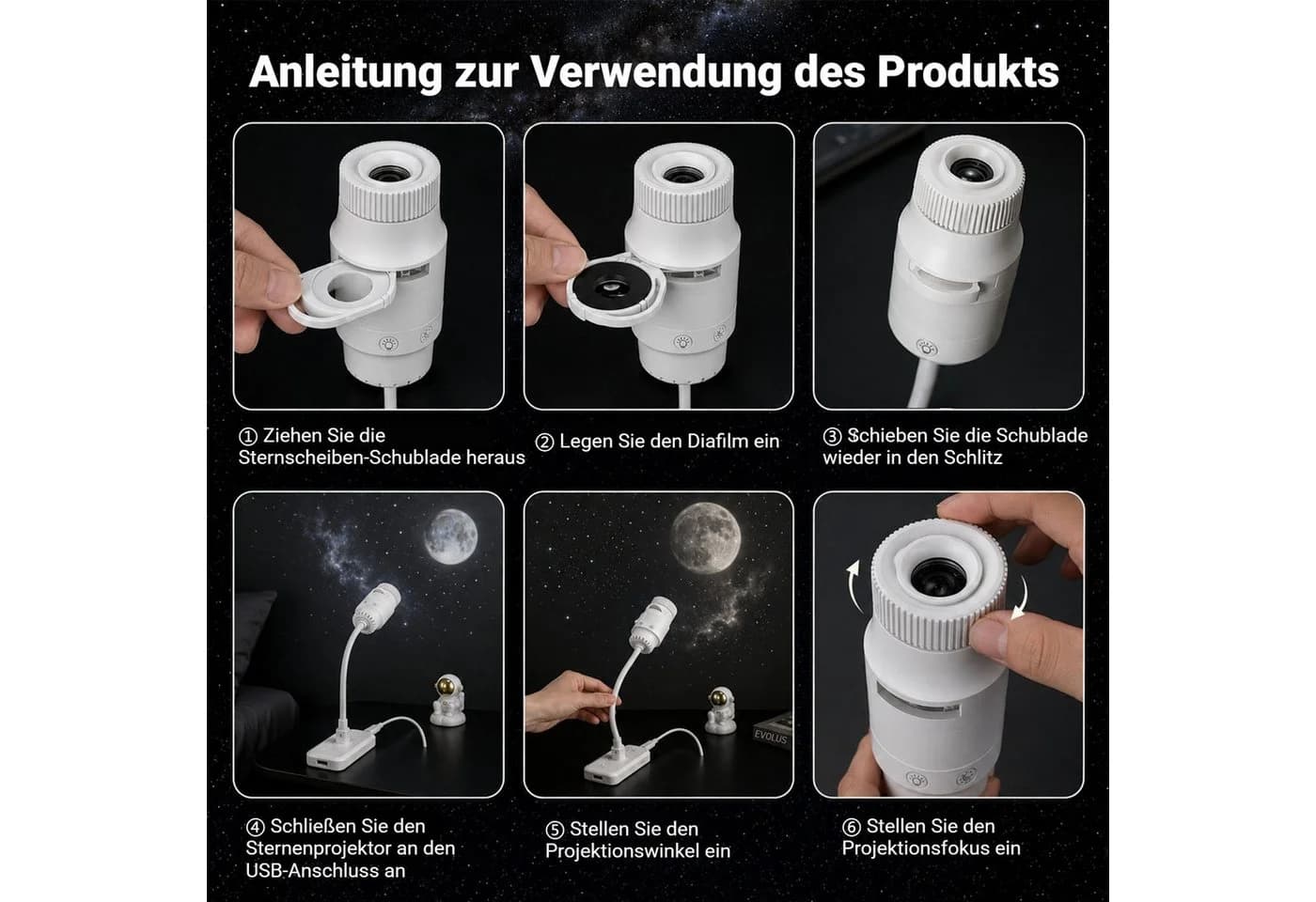 QUBEBU LED Sternenprojektor Nachtlicht mit 6 Folien USB Dimmbar - Bild 5