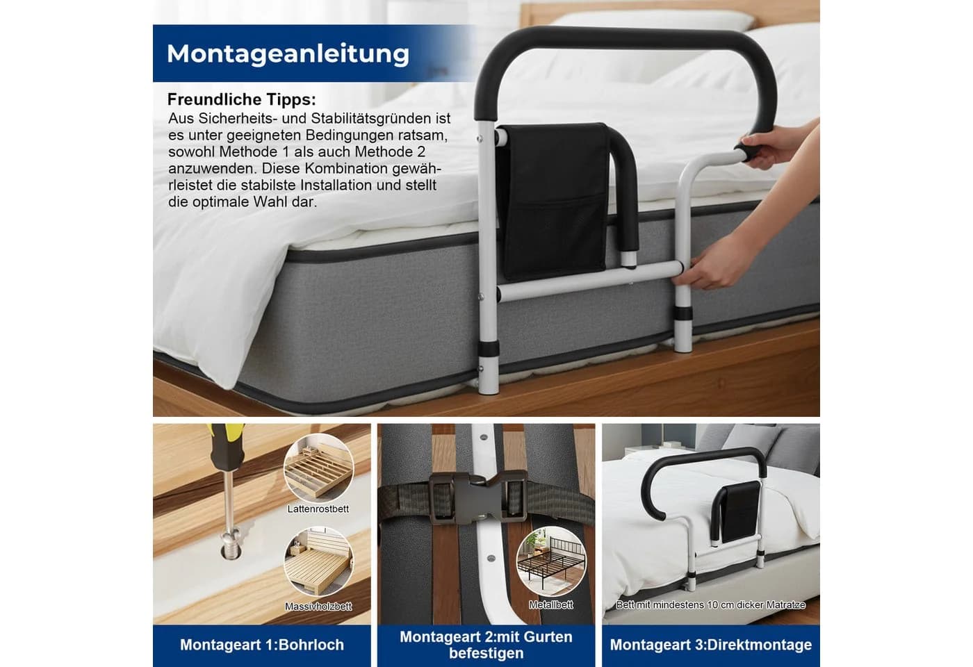 PRIISF Bett-Aufstehhilfe mit Haltegriffen, Schwarz/Weiß, rutschfest - Bild 5