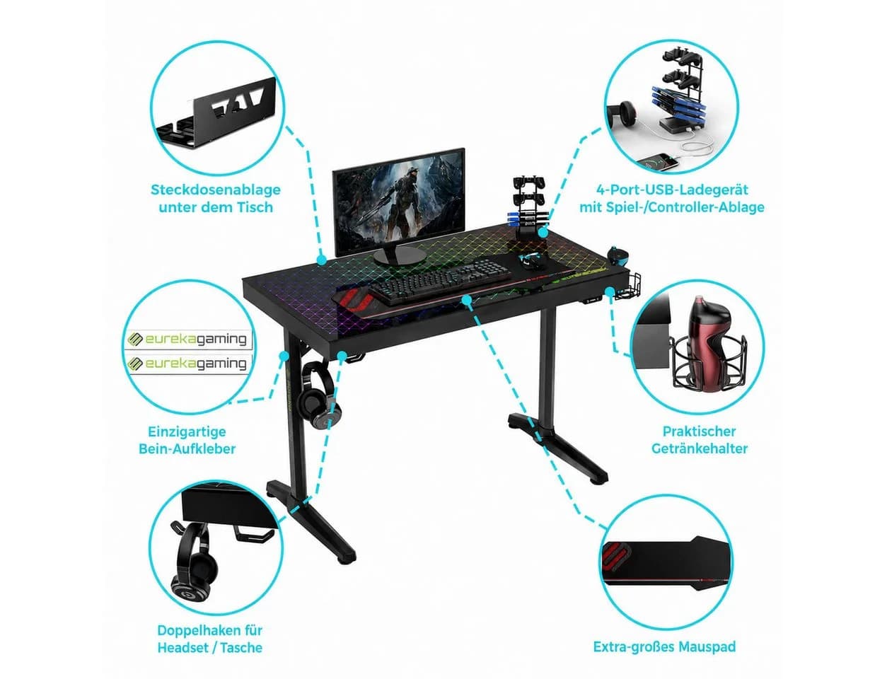 EE EUREKA ERGONOMIC Gamingtisch Schwarz mit RGB-Beleuchtung
