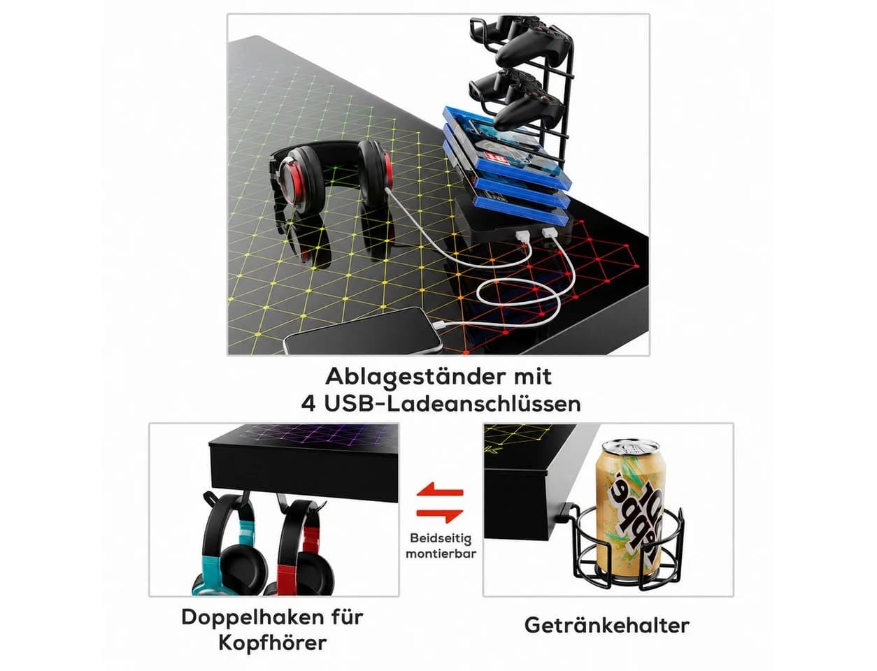 EE EUREKA ERGONOMIC Gamingtisch Schwarz mit RGB-Beleuchtung - Bild 3