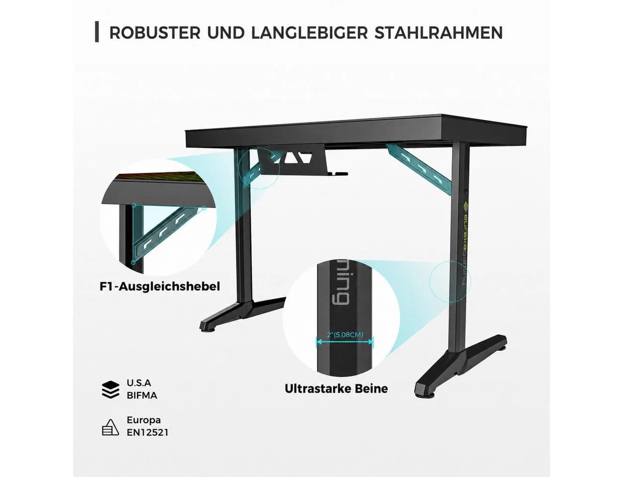 EE EUREKA ERGONOMIC Gamingtisch Schwarz mit RGB-Beleuchtung - Bild 4