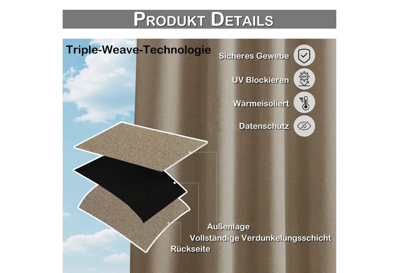 Lapamax Outdoorvorhang Taupe 100% Sichtschutz Wasserdicht - Bild 4