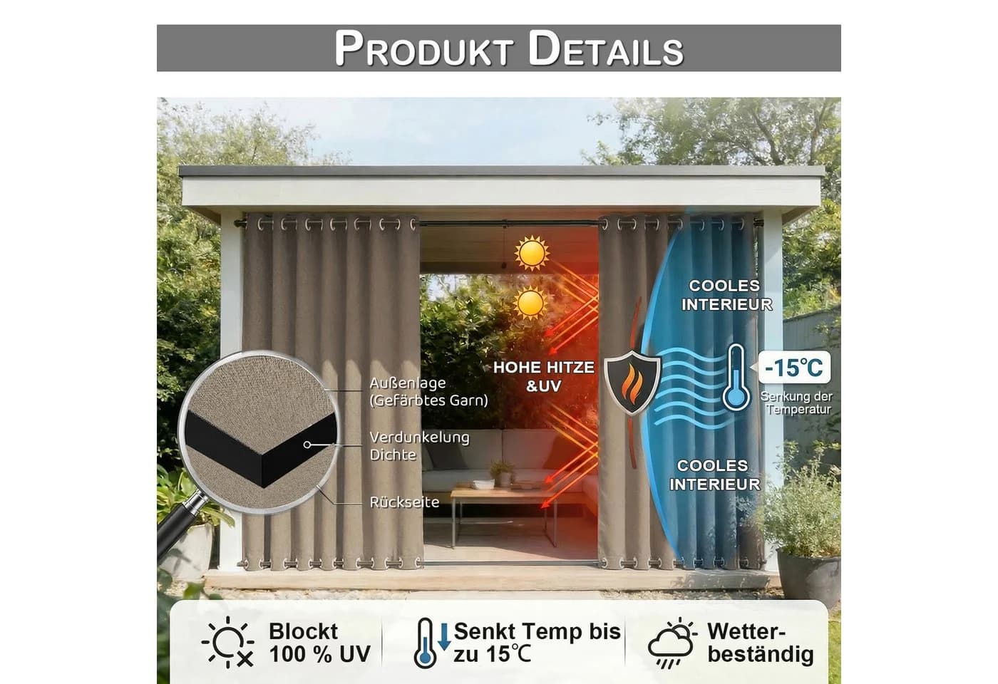 Lapamax Outdoorvorhang Taupe 100% Sichtschutz Wasserdicht - Bild 5