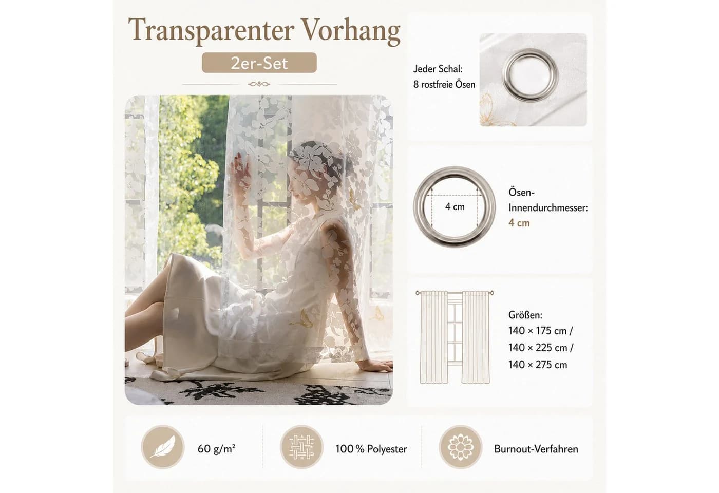Lapamax Gardine Jacquard mit Ösen, transparent, Blättermuster - Bild 3