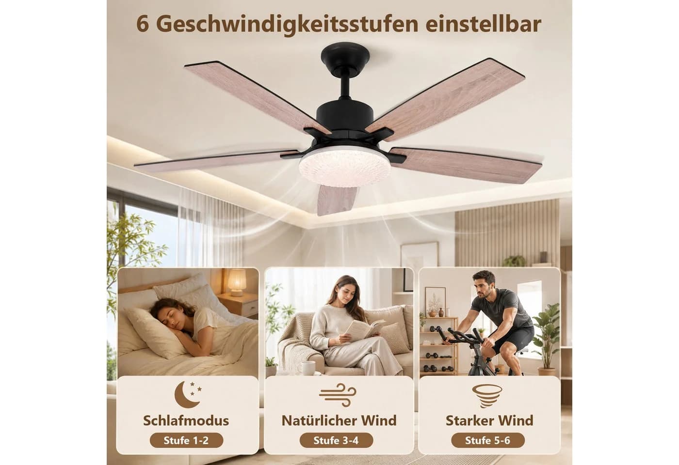 LMaxhome Deckenventilator mit LED-Beleuchtung, dimmbar, 132 cm, Schwarz - Bild 3