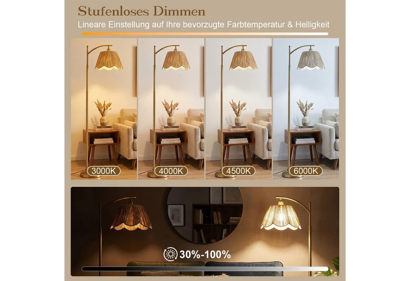 Rosnek Stehlampe Boho Gold Rattan-Schirm dimmbar LED