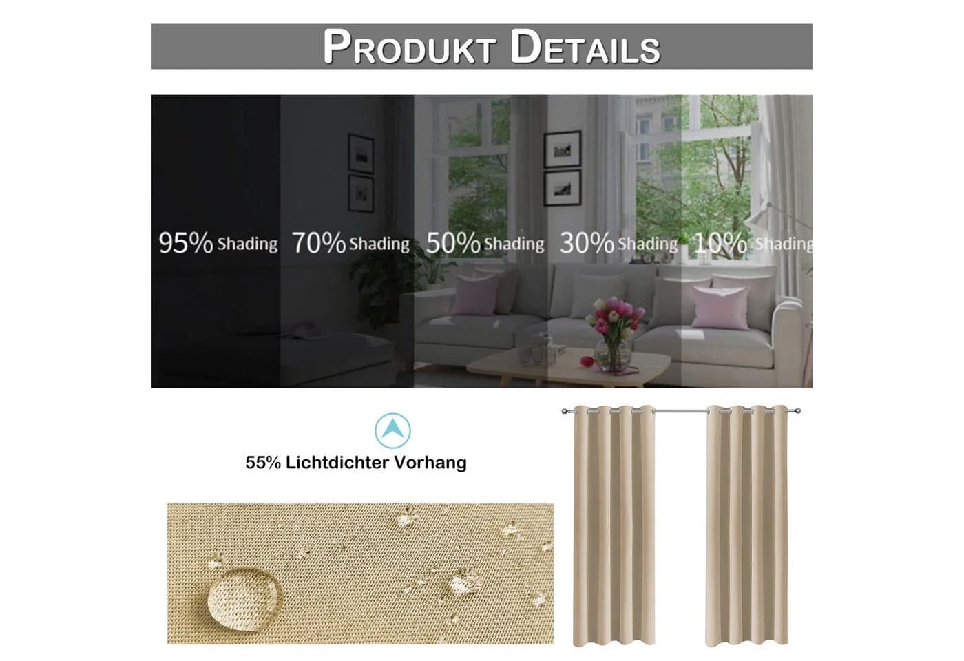 LMaxhome Outdoorvorhang Wetterfest mit Ösen Sichtschutz Wärmeschutz Beige - Bild 5