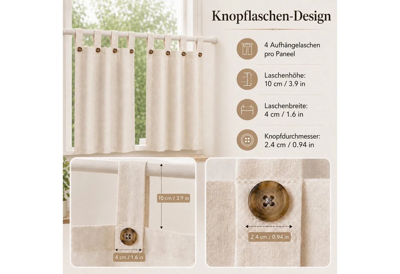 Rosnek Scheibengardine 2er Set Leinenoptik Natur Knopfschlaufen