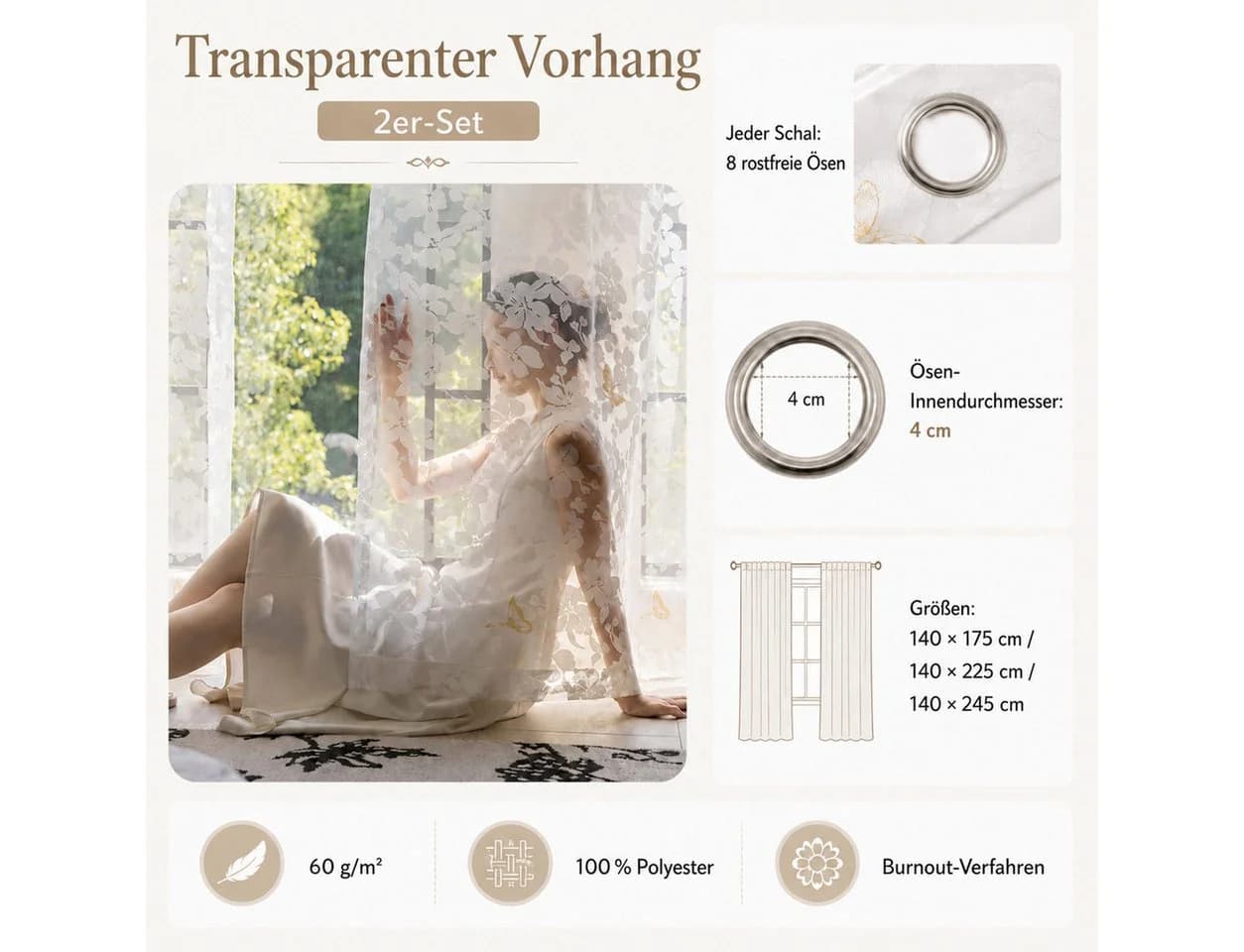 Rosnek Gardine Vorhang 2er-Set Weiß Transparent Blatt-Jacquard - Bild 4