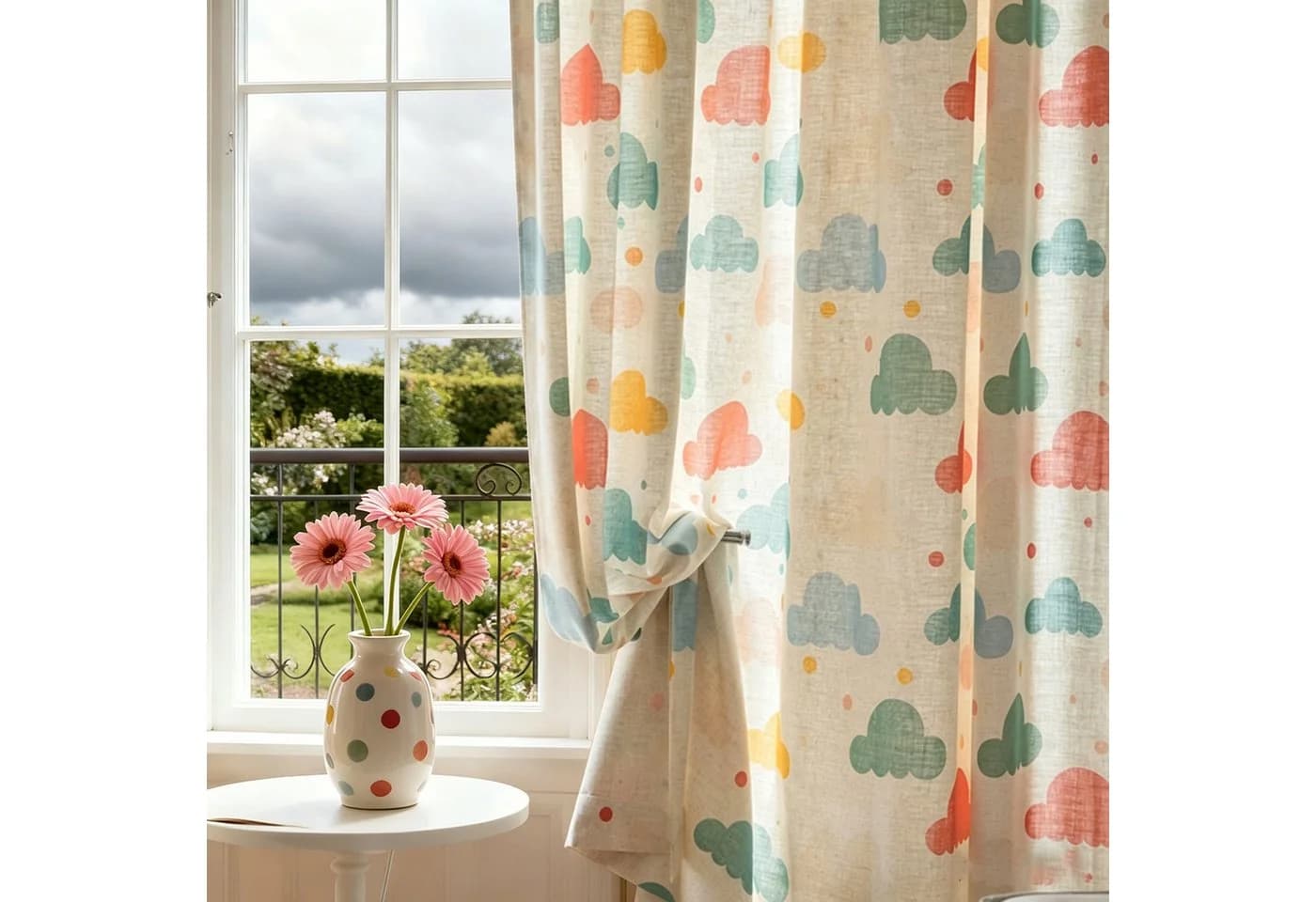 LMaxhome Kindergardine 2er Set Wolkenmotiv halbtransparent Leinenoptik - Bild 2