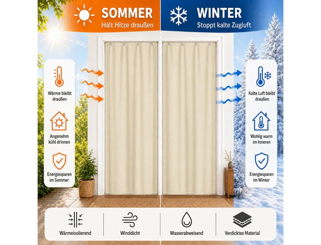 LMaxhome Thermo-Türvorhang Beige 3-lagig mit Klettband - Bild 4