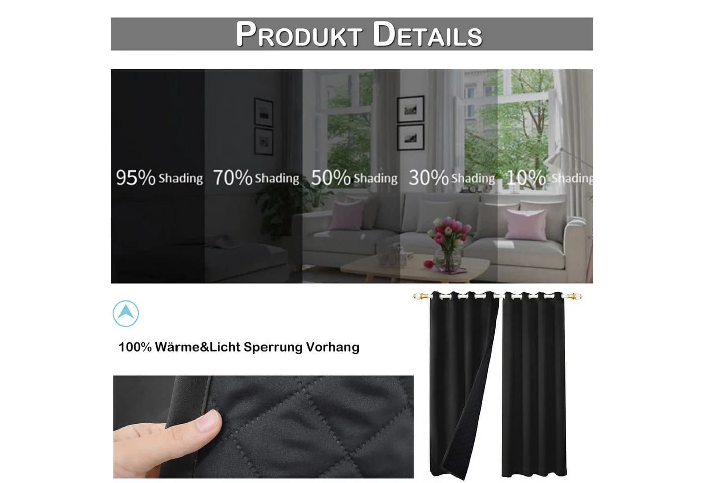LMaxhome Thermogardine Verdunkelungsvorhang mit Ösen Schwarz - Bild 3