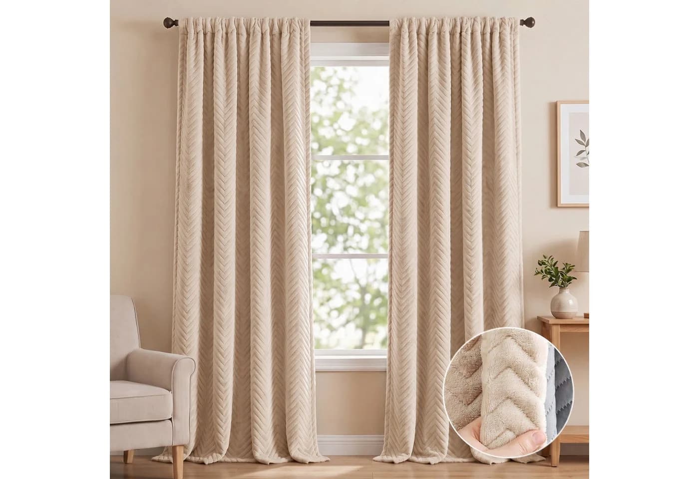 LMaxhome Verdunkelungsvorhang Beige 3-lagig 600g/m² 100% blickdicht - Bild 2