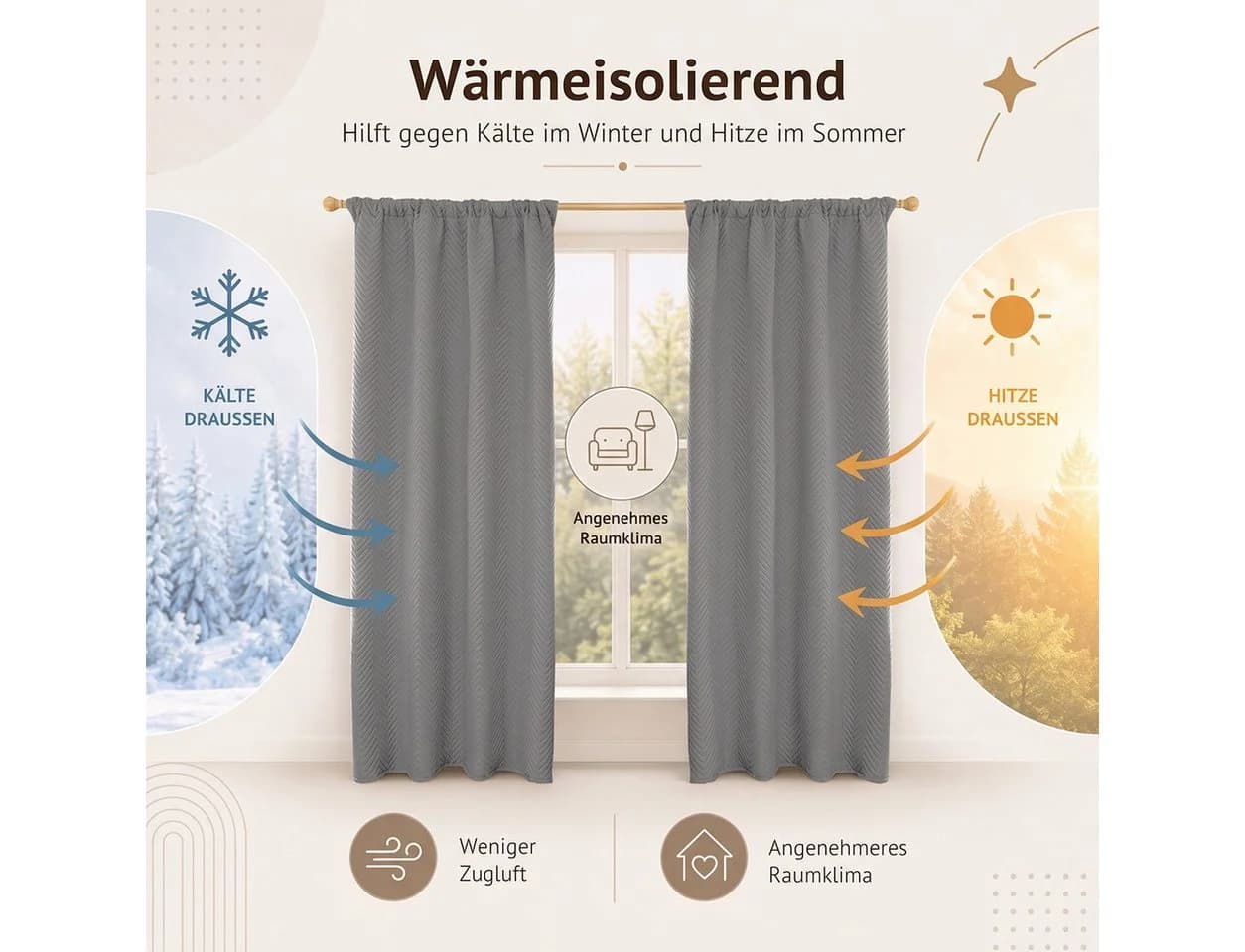 LMaxhome Verdunkelungsvorhang Grau 370 g/m² Thermovorhang mit Multifunktionsband