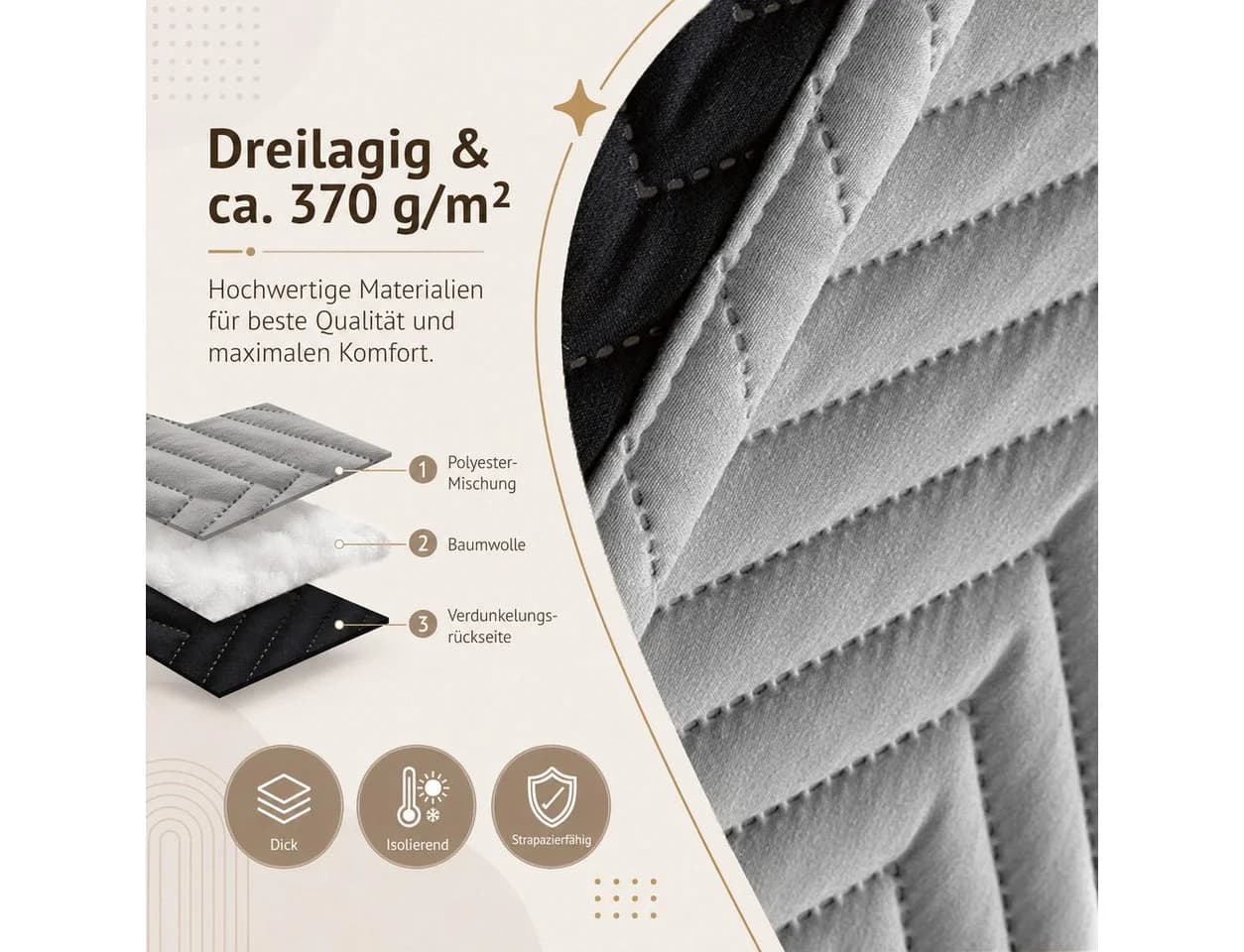 LMaxhome Verdunkelungsvorhang Grau 370 g/m² Thermovorhang mit Multifunktionsband - Bild 5