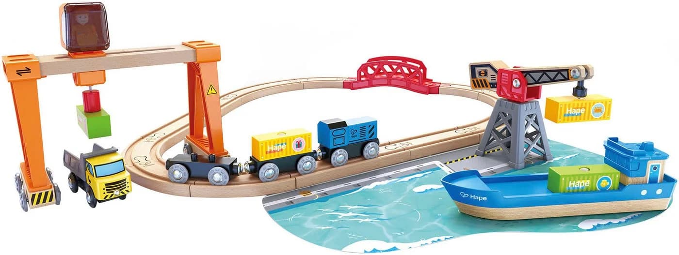 HAPE Spielzeug-Eisenbahn Abladen und Aufladen im Hafen Bunt - Bild 2