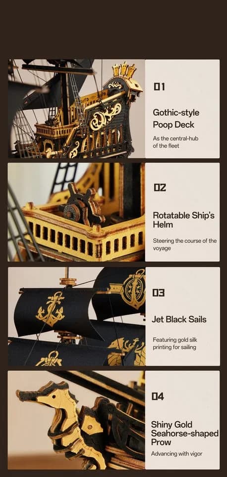 Robotime Modellbausatz The Seahorse Barque Piratenschiff Mechanisches Holzpuzzle 603-tlg