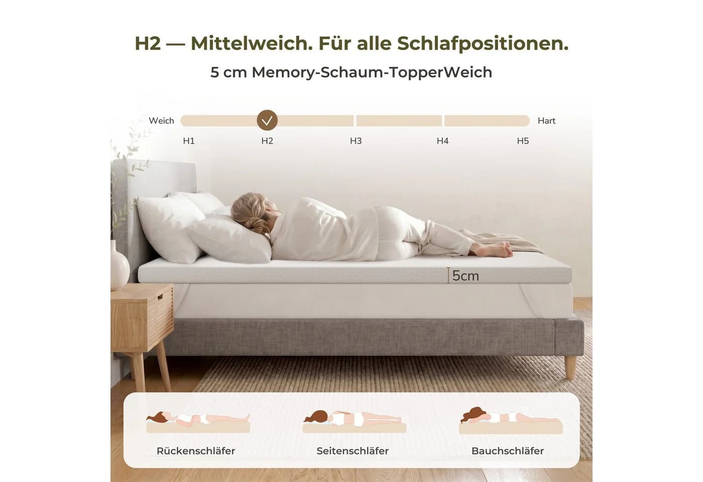 emerspring Memory Foam Topper 5 cm Visco H2 Atmungsaktiv Abnehmbarer Bezug - Bild 3