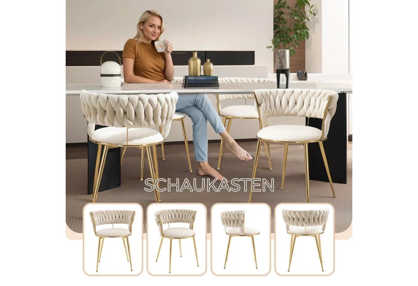 LVHOM Esszimmerstuhl 4er-Set Beige Samt Gold Metallbeine - Bild 4