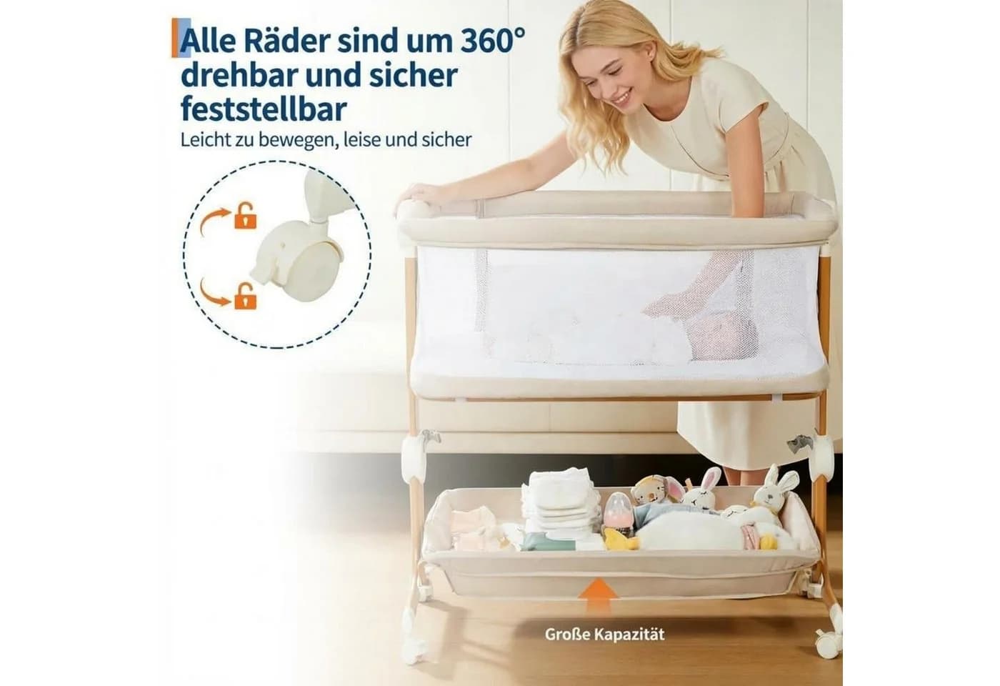 GarveeMore Babybett 3-in-1 Beistellbett Mobiles Babybett höhenverstellbar weiss - Bild 5