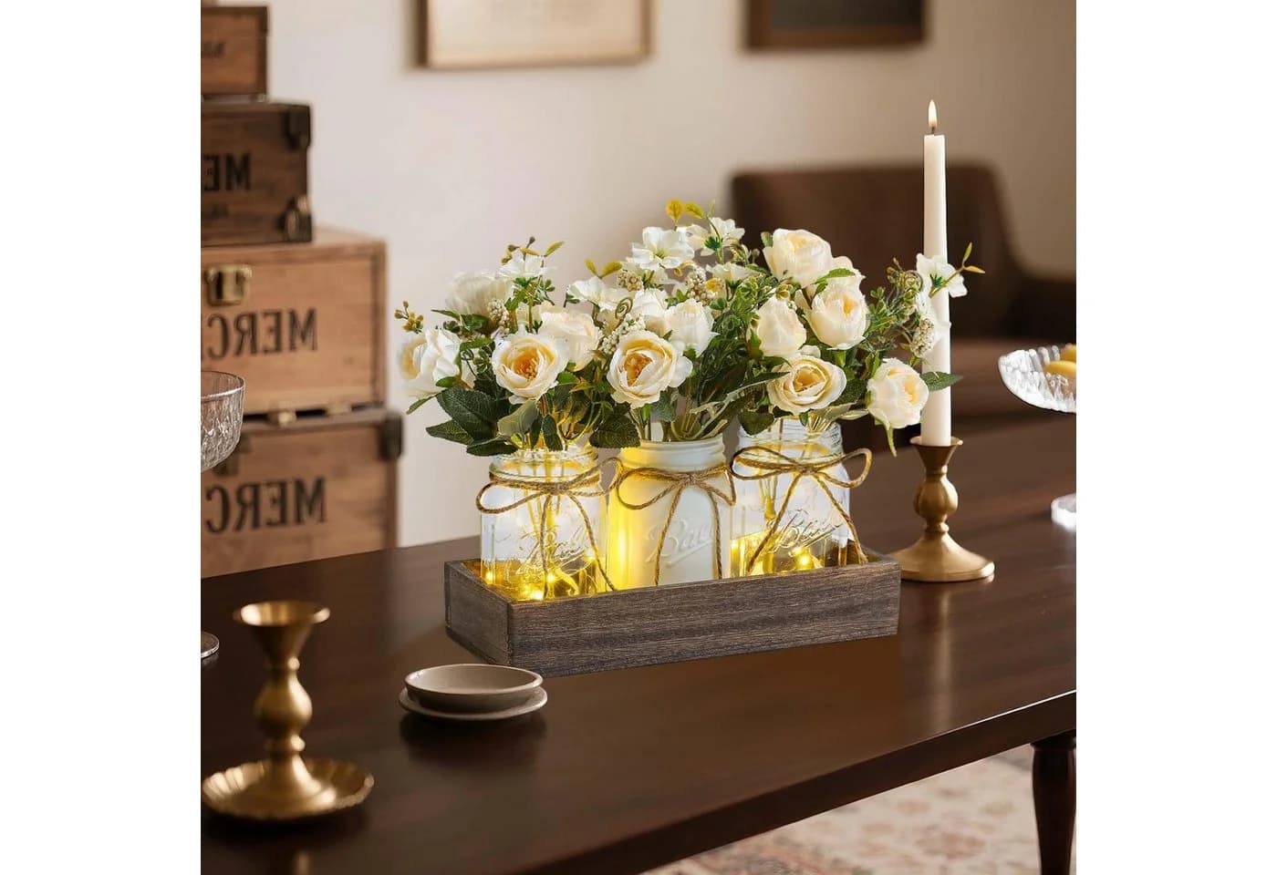 GarveeMore Kunstblume Landhaus-Dekoset mit Einmachgläsern und LED-Lichterketten - Bild 5