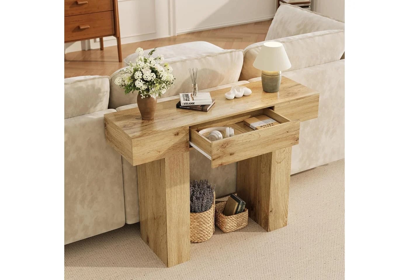 GarveeMore Konsolentisch Landhaus Eiche Beige MDF - Bild 5
