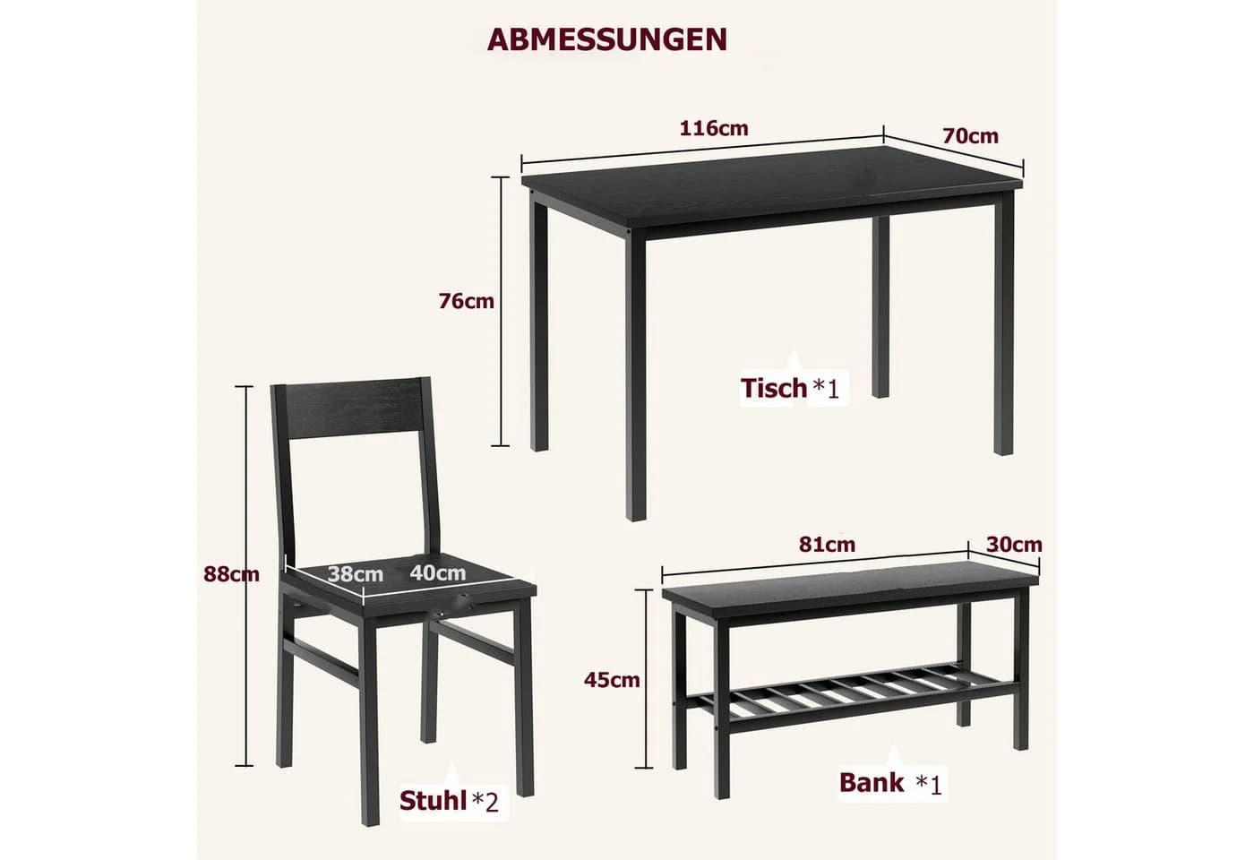 GarveeMore Essgruppe Esstisch-Set für 4 mit 2 Stühlen und 1 Bank Schwarz