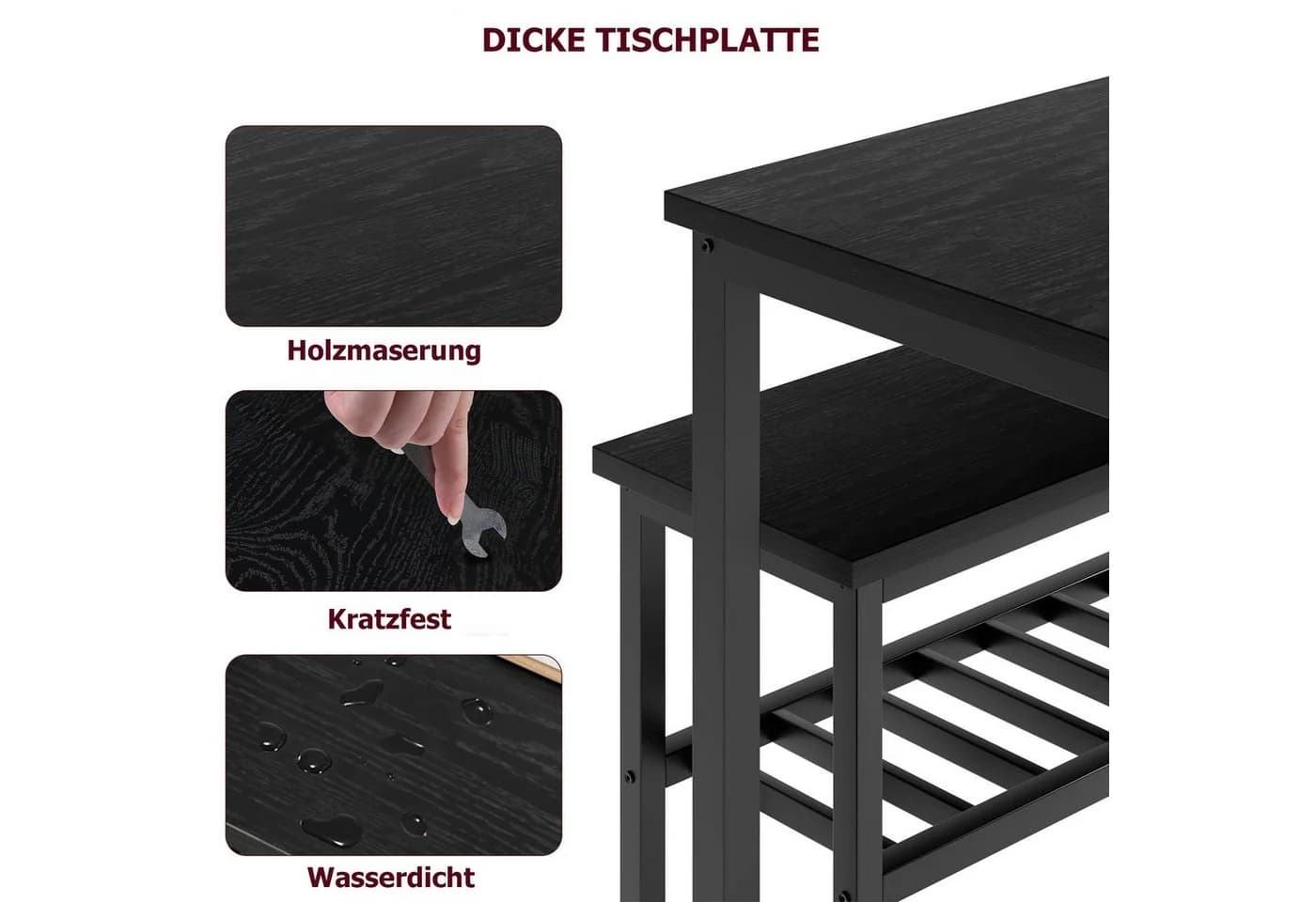 GarveeMore Essgruppe Esstisch-Set für 4 mit 2 Stühlen und 1 Bank Schwarz - Bild 3
