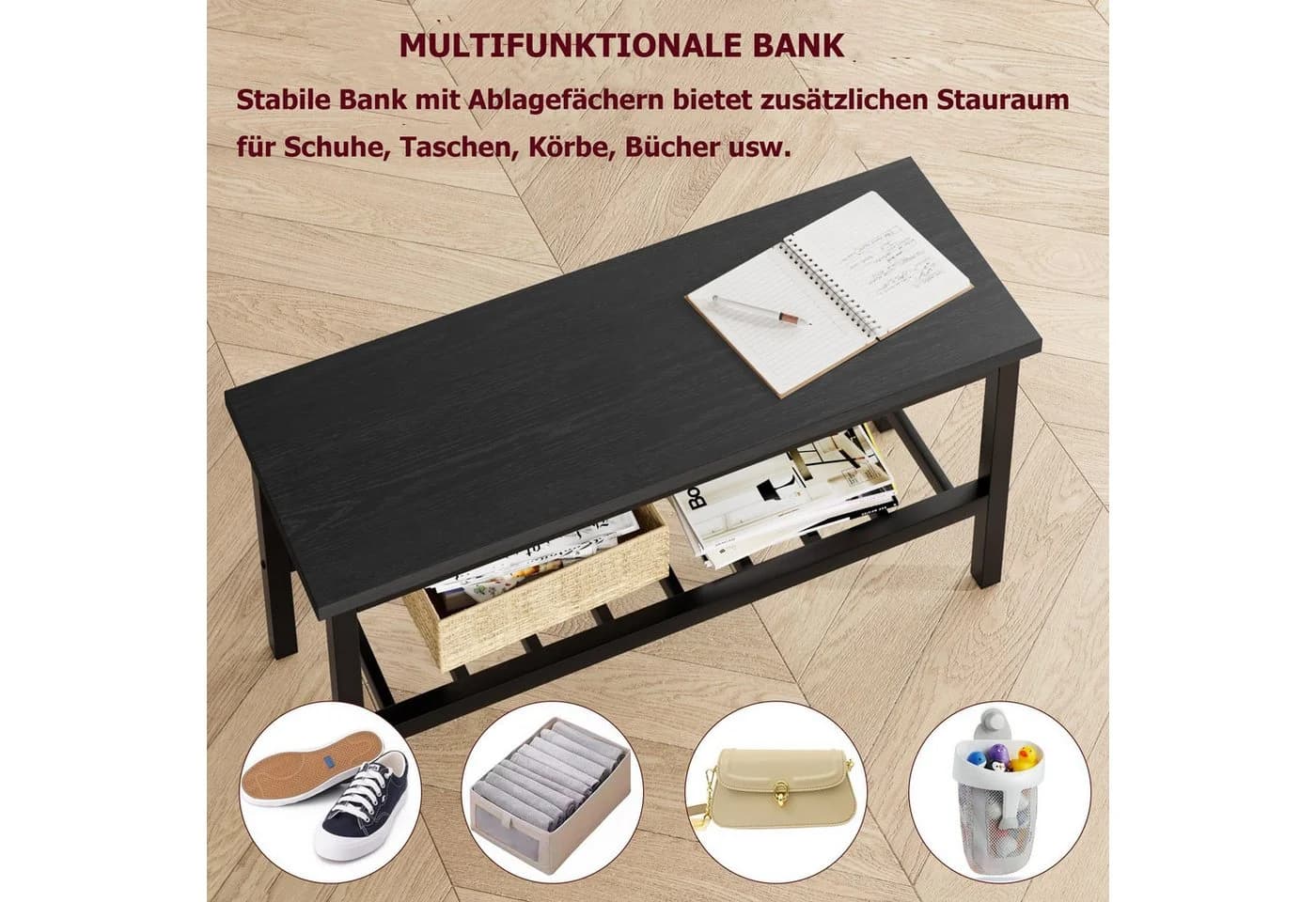 GarveeMore Essgruppe Esstisch-Set für 4 mit 2 Stühlen und 1 Bank Schwarz - Bild 4