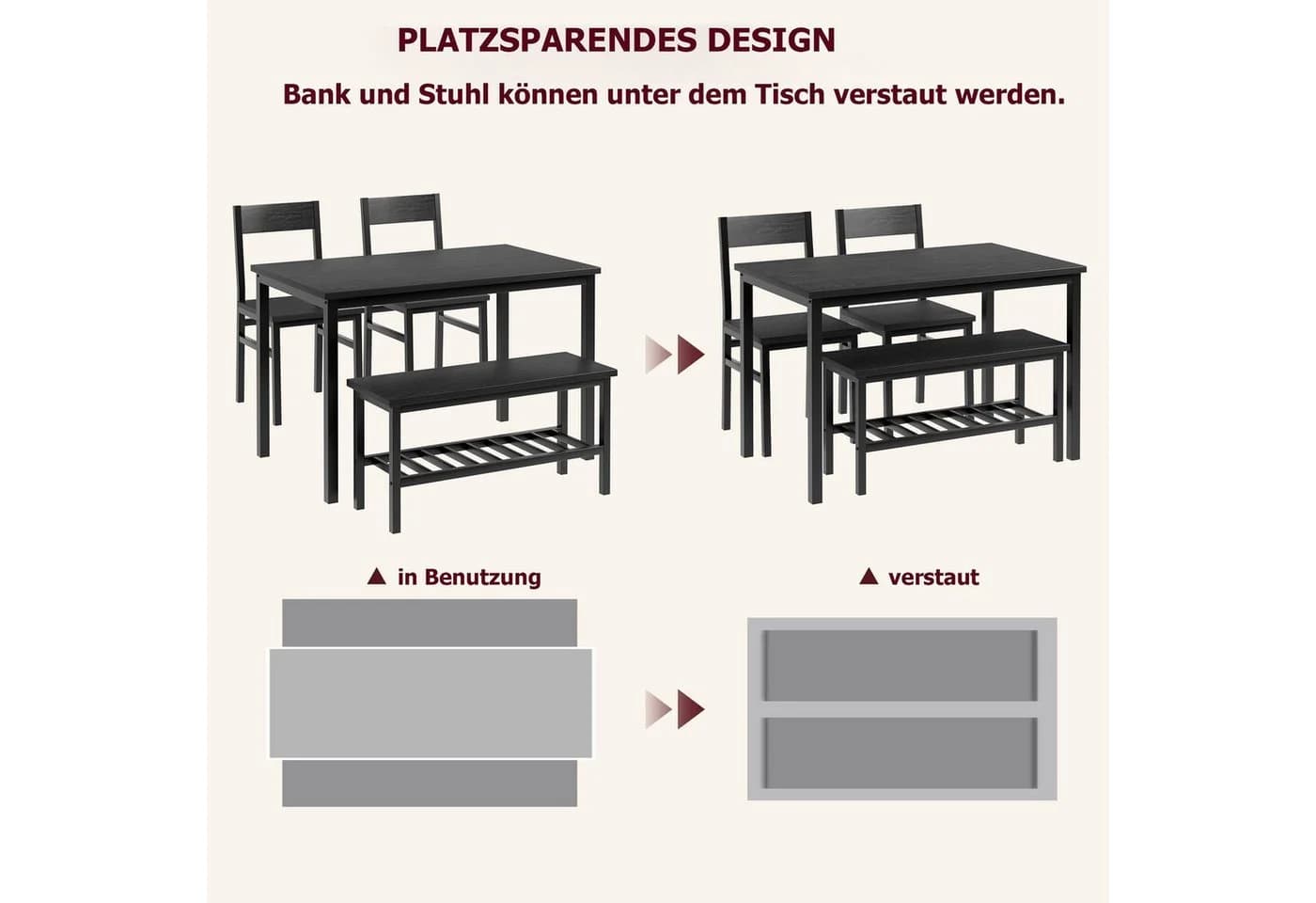 GarveeMore Essgruppe Esstisch-Set für 4 mit 2 Stühlen und 1 Bank Schwarz - Bild 5