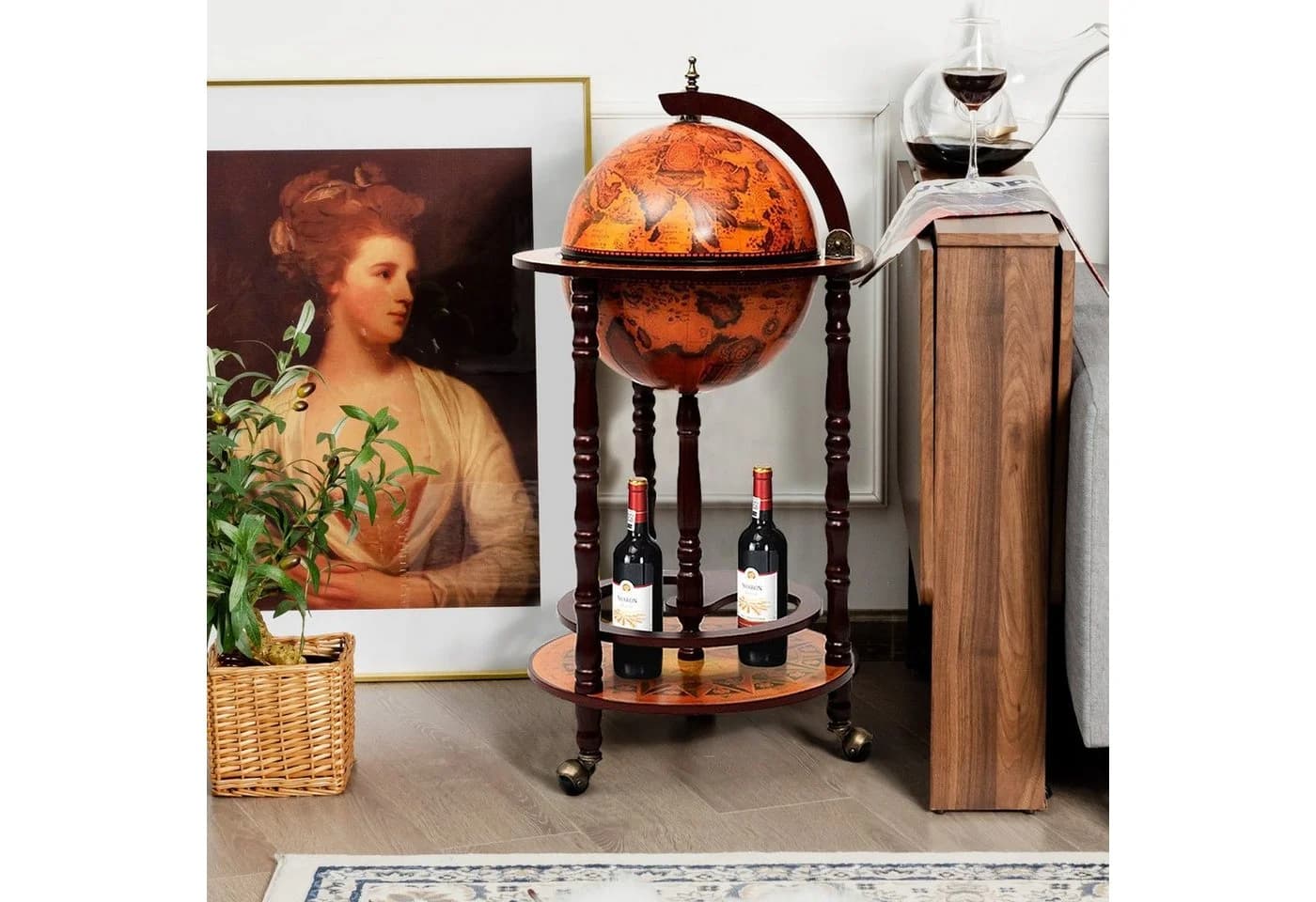 COSTWAY Weinregal Globusbar mit Rollen & Deckel