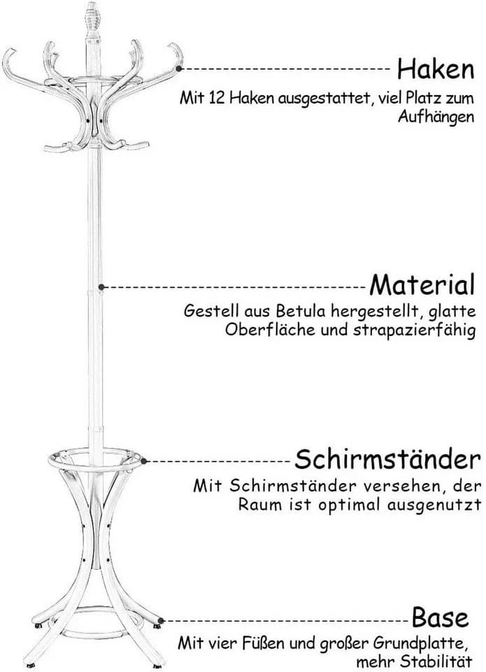 COSTWAY Garderobenständer Weiß mit Schirmständer und 12 Kleiderhaken - Bild 4
