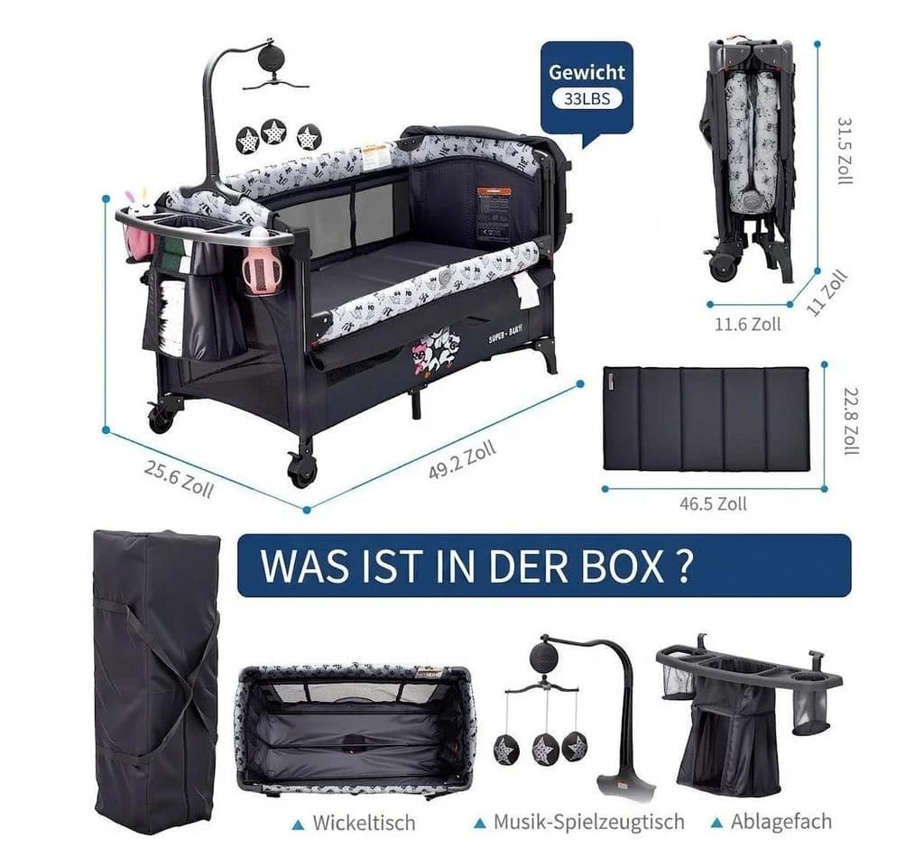GarveeMore Babybett 5-in-1 Reisebett, faltbares Babybett für Babys mit Wickeltisch, Wiegefunktion, Hängespielzeug, 4 verstellbaren Höhen - Bild 3